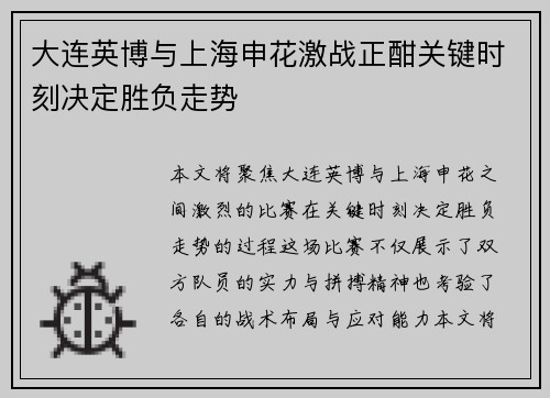 大连英博与上海申花激战正酣关键时刻决定胜负走势